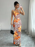 New Women's Dresses Summer Sexy Backless Print Leopard V-Neck Dress Streetwear Fashion Halter Lace-up Female Dresses Clothing