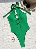 High Neck Lace Up High Leg Cut Women Swimwear One Piece Swimsuit Female Backless Monokini Hollow Out Bathing Suit Swim Bodysuit