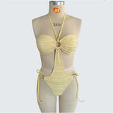 S - XXL Sexy Halter Wrinkled Cut Out One Piece Swimsuit Women Swimwear Female Padded High Leg Cut Bather Bathing Suit Swim V7562