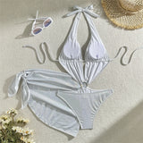 With Sarong Glitter Sparkling Depp V Neck One Piece Swimsuit Women Swimwear Female Cut Out Halter Bather Bathing Suit Swim V5754
