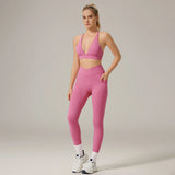 2 Piece Fitness Sets for Women Padded Push Up Sports Bra Booty Leggings with Pockets Yoga Gym Outfits Workout Sets Female