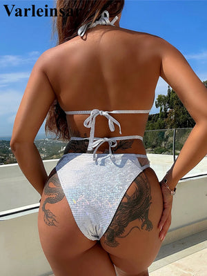 Halter Splicing Mesh Sheer Cut Out Women Swimwear One Piece Swimsuit Female High Leg Cut Sequins Bather Bathing Suit Swim V4863