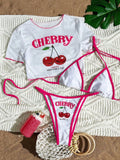 Cute Halter Bikini 3 Pieces Cherry Print 2026 Sexy & Fresh Feeling Bathing Suit Three-Piece Swimsuit Dark Blue Beach Swimwear