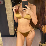 5 Colors Satin High Leg Cut Brazilian Two-Pieces Bikini Set Bikini Female Swimsuit Bathing Suit Women Swimwear Bather Swim V4964