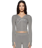 gia slim fit letter printed open thread design hooded zipper short jacket pants set