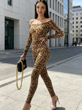 Women Leopard Print Off Shoulder 2 Piece Outfit Long Sleeve Cutout Bodycon Top And Pants Set Brown Party Streetwear