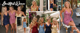 Hdsmfos Sparkly Sequin Homecoming Dresses 2026 for Women V Neck Spaghetti Strap Ruched Mini Party Dress