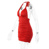 Sexy Deep V  Ruffle Halter Dress 2023 Summer Wrinkled Short Evening Party Dress For Women Tight Club Mini Dress Clubwear D043