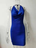 Sexy Halter Bodycon Dress Deep V Backless Ruched Slim Short Dress Royal Blue Clubwear Cocktail Dinner Party Dresses for Ladies