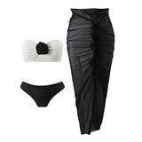 Sexy 3D Flowers Bandeau With Skirt Bikini Female Swimsuit Women Swimwear Three-Pieces Bikini Set Bather Bathing Suit Swim V5706