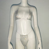 Fishnet Glitter Rhinestone Bikini Set Women Bathing Suit Mesh Sheer Swimwear Beach Bananas Sexy Thong Biquini Rave Party Outfits