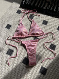 Halter Shiny PU Faux Leather Bikini Female Swimsuit Women Swimwear Two-piece Bikini Set Mini Micro Thong Bathing Suit Swim Lady