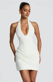 Halter Deep V Neck Sexy Mini Dress Women Elegant Sleeveless Backless Ruched Waist Bodycon Club Party Short Dresses
