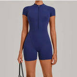 Triangle Butt Backless Short Sleeve Zipper Woman Pad Yoga Set One-Piece Jumpsuit Shorts Push Up Gym Active Wear Clothes XP129