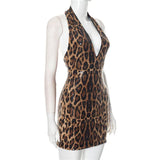 Shestyle V Neck Sequin Mini Sexy Dress Women Backless Sleeveless Halter Leopard Sheath Skinny Party Outfits Dot Brown Wild 2025