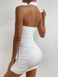 Sexy Halter Backless Bodycon Dress Sleeveless Ruched Slim Mini Dress For Women Party Tight Sundress Clubwear Vestidos Lady D214