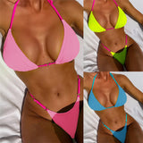 Sexy Neon Halter Ribbed Bikini Female Swimsuit Women Swimwear Two-Pieces Bikini Set Padded Bather Bathing Suit Swim Lady V4048