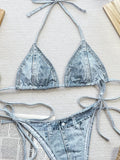 Denim Printed Halter Strappy High Cut Bikini Women Swimsuit Female Swimwear Two-pieces Bikini Set Bather Bathing Suit Swim Lady