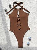 High Neck Lace Up High Leg Cut Women Swimwear One Piece Swimsuit Female Backless Monokini Hollow Out Bathing Suit Swim Bodysuit