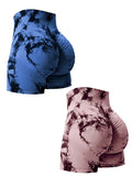 2PCS Tie Dye Butt Lifting Sexy Gym Shorts Woman Skinny Stretch High Waist Sport Shorts Casual Seamless