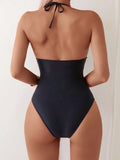 One Piece Swimsuit Women 2026 New Black Halter Mesh Sexy Bodysuit Swimwear Monokini Summer V Neck Beachwear Bathing Suit Female