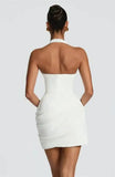 Halter Deep V Neck Sexy Mini Dress Women Elegant Sleeveless Backless Ruched Waist Bodycon Club Party Short Dresses