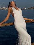 Tossy Women Halter Backless Bodycon Maxi Dress Open Back Spaghetti Strap Gold Ring Evening Party Gown Summer Beach Long Dress
