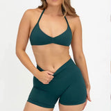 D-LOgo Women Halter Neck 2Pcs Yoga Outfit Padded Sports Bra High Waist Peach Butt Seamless Gym Fitness Short