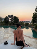Tossy Women Halter Backless Bodycon Maxi Dress Open Back Spaghetti Strap Gold Ring Evening Party Gown Summer Beach Long Dress