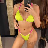 Sexy Neon Halter Ribbed Bikini Female Swimsuit Women Swimwear Two-Pieces Bikini Set Padded Bather Bathing Suit Swim Lady V4048