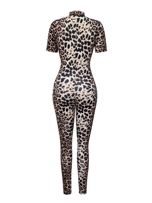 Summer 2026 Sexy Leopard Jumpsuit Women Stand Collar Deep Zipper Slim Full Length Pants Trousers Rompers Jumpsuits 63947