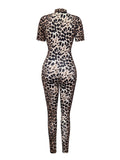 Summer 2026 Sexy Leopard Jumpsuit Women Stand Collar Deep Zipper Slim Full Length Pants Trousers Rompers Jumpsuits 63947