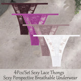 4Pcs/Set Sexy Lace Floral G-Strings Underwear For Women Solid Color Perspective Breathable Panties Female Low Rise Elastic Thong