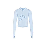 gia slim fit letter printed open thread design hooded zipper short jacket pants set