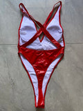 PU Leather V Neck Extreme Mini String Thong Women Swimwear One Piece Swimsuit Female Monokini Cross Backless Bathing Suit Swim