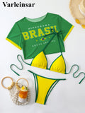 S -XL 13 Color Printed Three-Piece Bikini Set Short Sleeve Bikini Female Swimsuit Women Swimwear Bather Bathing Suit Swim V6854G