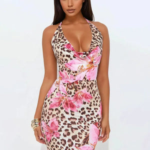 New Women's Dresses Summer Sexy Backless Print Leopard V-Neck Dress Streetwear Fashion Halter Lace-up Female Dresses Clothing
