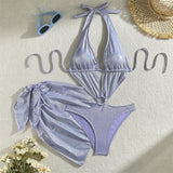 With Sarong Glitter Sparkling Depp V Neck One Piece Swimsuit Women Swimwear Female Cut Out Halter Bather Bathing Suit Swim V5754
