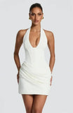 Halter Deep V Neck Sexy Mini Dress Women Elegant Sleeveless Backless Ruched Waist Bodycon Club Party Short Dresses