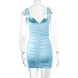 7 Color Sexy Wrinkled Pleated V Neck Sling Dress Short Club Ladies 2025 Summer Bodycon Dress Evening Party Tight Mini Dress D007
