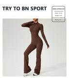 TRY TO BN Women's Fitness Jumpsuit Long Sleeve Zipper High Strength Yoga Bodysuit For Gym Workout Sportswear One Piece Clothing