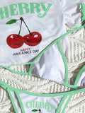 Cute Halter Bikini 3 Pieces Cherry Print 2026 Sexy & Fresh Feeling Bathing Suit Three-Piece Swimsuit Dark Blue Beach Swimwear