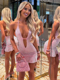 Nibber Deep V-Neck Mini Dress Woman Sequins Patchwork Backless Skinny Peach Hip Hottie Midnight Club Party Sexy Fashion Bodycon