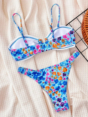 Flowers Printed U Neck Bikini Female Swimsuit Women Swimwear Two-pieces Bikini Set High Cut Bather Bathing Suit Swim Beach Wear