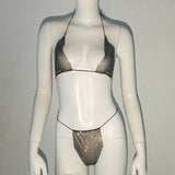 Fishnet Glitter Rhinestone Bikini Set Women Bathing Suit Mesh Sheer Swimwear Beach Bananas Sexy Thong Biquini Rave Party Outfits