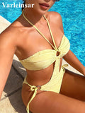 S - XXL Sexy Halter Wrinkled Cut Out One Piece Swimsuit Women Swimwear Female Padded High Leg Cut Bather Bathing Suit Swim V7562
