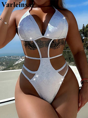 Halter Splicing Mesh Sheer Cut Out Women Swimwear One Piece Swimsuit Female High Leg Cut Sequins Bather Bathing Suit Swim V4863