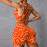 Pad Leopard Sports Yoga Set Jumpsuits Women Twist Back Shorts Bodysuit Female Tight Gym Running Fitness Overalls XP10