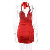 Sexy Deep V  Ruffle Halter Dress 2023 Summer Wrinkled Short Evening Party Dress For Women Tight Club Mini Dress Clubwear D043