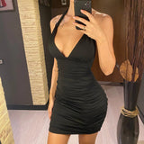 Sexy Deep V  Ruffle Halter Dress 2023 Summer Wrinkled Short Evening Party Dress For Women Tight Club Mini Dress Clubwear D043